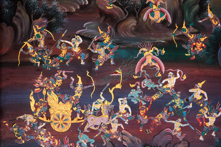 Chachoengsao, Thailand - April, 15, 2018 : The painting on the wall ramayana story of Wat Hong Thong Chachoengsao, Thailandのeditorial素材