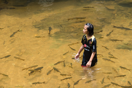 Chanthaburi, Thailand - April, 27, 2018 : Unidentified name people visitors come to play water at Chanthaburi Waterfall National Park(Pliw waterfall) Chantaburi province, Thailandのeditorial素材
