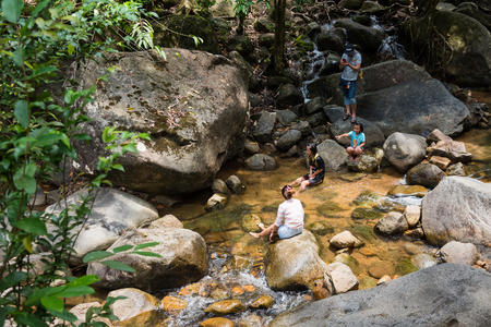 Chanthaburi, Thailand - April, 27, 2018 : Unidentified name people visitors come to play water at Chanthaburi Waterfall National Park(Pliw waterfall) Chantaburi province, Thailandのeditorial素材