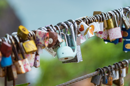 Chanthaburi, Thailand - April, 28, 2018 : Locks of love - symbol for everlasting friendship.Select focus on blur background at Chanthaburi, Thailandのeditorial素材