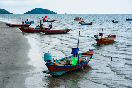 Chanthaburi, Thailand - April, 27, 2018 : Floating fishing boats aground at the harbor over cloudy sky at Chanthaburi, Thailandのeditorial素材