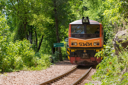 Kanchanaburii, Thailand - May, 13, 2018 : Unidentified name passenger on the train moving on death of railway world war II between tham krasae railway station river kwai kanchanaburi Thailandのeditorial素材