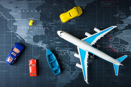Nonthaburi, Thailand - May, 26, 2018 : Passenger plane and car on the world map pin to United States of america at Nonthaburi, Thailand.Business transportation system concept.のeditorial素材