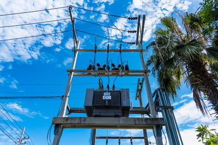 Ratchaburi,Thailand - June, 02, 2018 : Power Transformer on the power poles at Damnoen Saduak Floating Market is one of the most popular floating markets in Ratchaburi,Thailandのeditorial素材