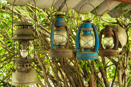 Vintage lantern hanging on wooden roof.Bangkok,Thailandの写真素材