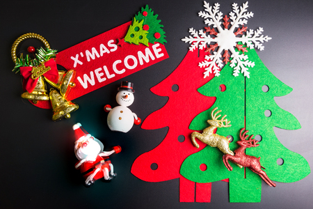 Christmas decorations on black background with copy space.Christmas day conceptの写真素材