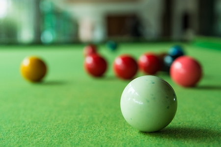 Close up snooker ball on the green snooker tableの写真素材