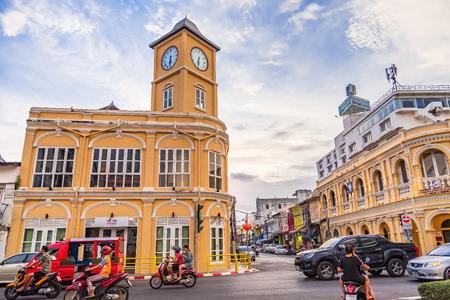 Phuket, Thailand - March, 31, 2019 : Phuket old town with old clock tower buildings in Sino Portuguese style restoration is a very famous tourist destination of Phuket.のeditorial素材