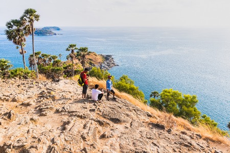 Phuket, Thailand - March, 29, 2019 : Unidentified name tourists come to one of the beautiful scenic spots at sunset by the sea at Promthep Cape, the beautiful sea, Phuket, Thailandのeditorial素材