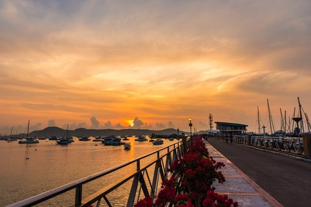 Phuket, Thailand - March, 30, 2019 : Many boats moored in sunrise morning time at Chalong port, Main port for travel ship to krabi and phi phi island, Phuket, Thailandのeditorial素材