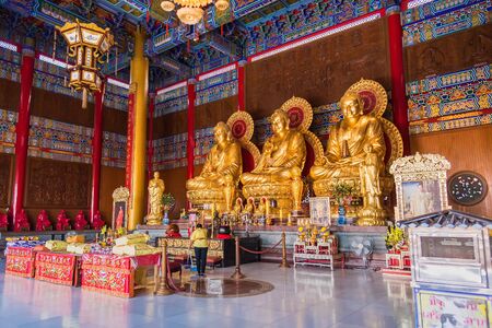 Bangkok, Thailand - June, 23, 2019 : Golden buddha image, Chinese Temple Wat Borom Racha Kanchanapisek Anusorn (Leng nuei Yee 2), Bangkok.Thailand.のeditorial素材