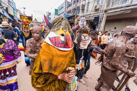 Loei province ,Thailand -  July, 06, 2019 : Ghost Festival Phi Ta Khon.People are enjoy dressing with colorful clothes made from wood handmake  in Loei province ,Thailandのeditorial素材