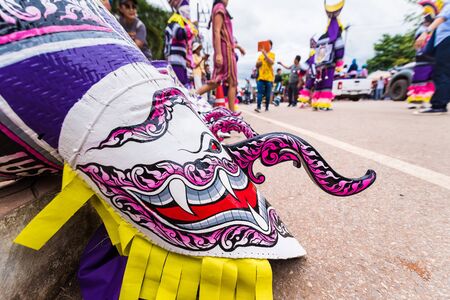 Loei province ,Thailand -  July, 06, 2019 : Ghost Festival Phi Ta Khon.People are enjoy dressing with colorful clothes made from wood handmake  in Loei province ,Thailandのeditorial素材