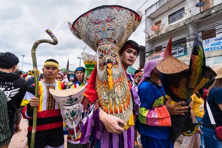 Loei province ,Thailand -  July, 06, 2019 : Ghost Festival Phi Ta Khon.People are enjoy dressing with colorful clothes made from wood handmake  in Loei province ,Thailandのeditorial素材