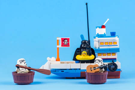 Bangkok, Thailand - June, 08, 2010 : Lego Star Wars Darth Vader is standing in the sea fishing on a...