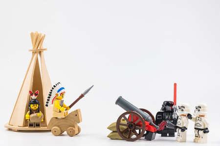 Bangkok, Thailand - April, 29, 2020 : Lego Star Wars is shooting Lego Indian with a cannon on a white background.のeditorial素材