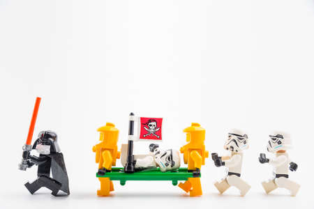 Bangkok, Thailand - March, 24, 2020 : Lego star wars  stormtrooper suspected of being infected with...