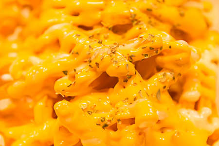 Closeup of French Fries Topped with Melted Cheddar Cheese.の写真素材