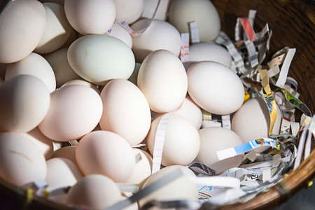 Closeup of duck eggs or salted egg in the wooden basket in the market or farm.