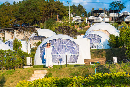 Phetchabun, Thailand - November, 28, 2020 : Geodesic dome Tents Of Status Resort on hill in Khao Kho, Phetchabun, Thailandのeditorial素材