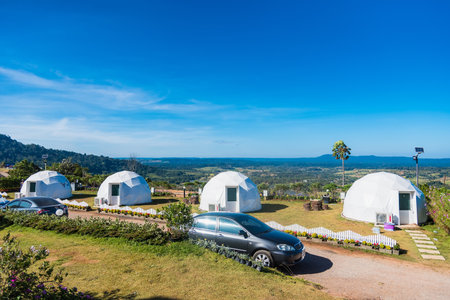 Phetchabun, Thailand - November, 28, 2020 : Geodesic dome Tents Of Status Resort on hill in Khao Kho, Phetchabun, Thailandのeditorial素材