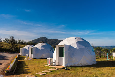 Phetchabun, Thailand - November, 28, 2020 : Geodesic dome Tents Of Status Resort on hill in Khao Kho, Phetchabun, Thailandのeditorial素材