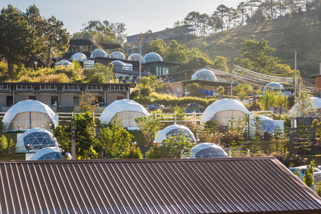 Phetchabun, Thailand - November, 28, 2020 : Geodesic dome Tents Of Status Resort on hill in Khao Kho, Phetchabun, Thailandのeditorial素材