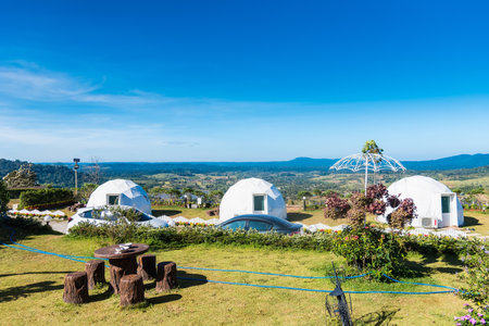 Phetchabun, Thailand - November, 28, 2020 : Geodesic dome Tents Of Status Resort on hill in Khao Kho, Phetchabun, Thailandのeditorial素材