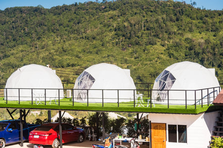 Phetchabun, Thailand - November, 28, 2020 : Geodesic dome Tents Of Status Resort on hill in Khao Kho, Phetchabun, Thailandのeditorial素材
