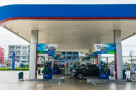 Bangkok, Thailand - December, 13, 2020 : PTT Gas Station Petrol Business Shops Rental Restaurants Popular Services Asia at Bangkok, Thailandのeditorial素材