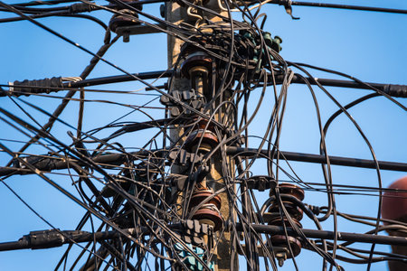 Bangkok, Thailand - February, 04, 2021 : Messy cable electricity post in Bangkok, Thailandのeditorial素材