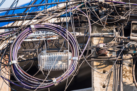 Bangkok, Thailand - February, 04, 2021 : Messy cable electricity post in Bangkok, Thailand