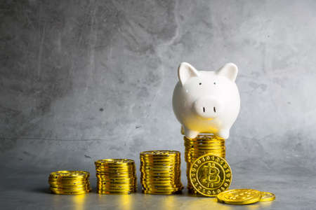 Piggy bank on stack of Bitcoin coins. Concept of Investment property, business and finance concept....