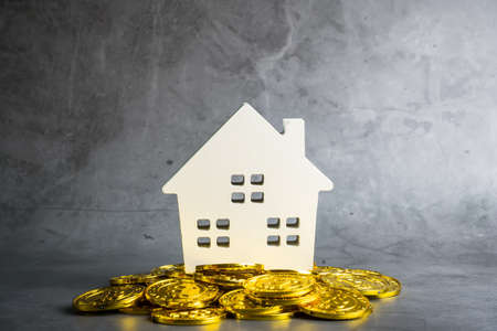 Wooden home model on stack of Bitcoin coins. Concept of Investment property, business and finance...
