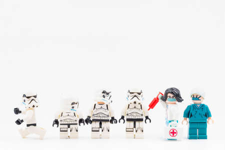 Bangkok, Thailand - April, 26, 2021 : Lego Star Wars line up to receive COVID-19 vaccination from Lego Doctor.Concept fights COVID-19.のeditorial素材