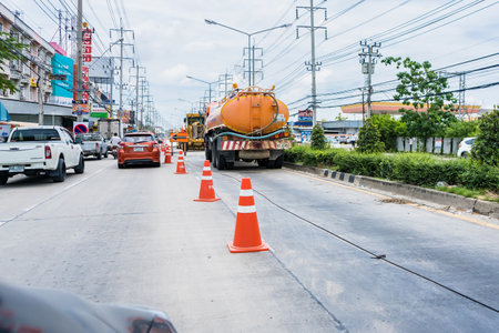 Bangkok, Thailand - May, 01, 2021 : The road is being repaired. Road construction construction sites in Bangkok, Thailand.のeditorial素材