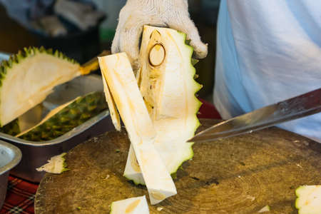 Peel durian fruit with a knife, an Asian woman's hand Durian is the king of fruits. Released only in the summer.の写真素材