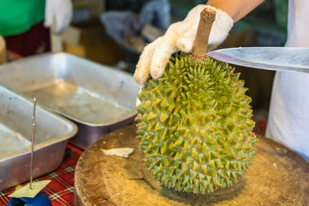 Peel durian fruit with a knife, an Asian woman's hand Durian is the king of fruits. Released only in the summer.の写真素材
