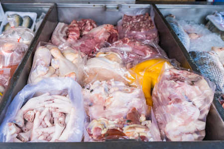 Fresh food in the icebox of the food truck selling fresh food market on truck in Thailand.の写真素材