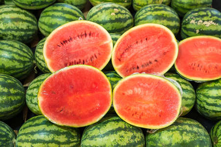Pile of watermelons in local market store, fruit