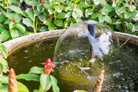 A small fountain in a jar decorates the garden.