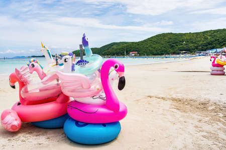 Chon Buri, Thailand - October, 02, 2021 : fancy swim tube on the beach Inflatable duck.Fantasy Swim...