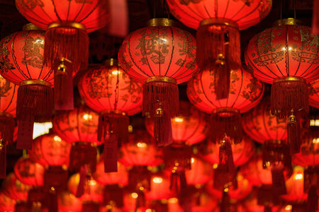 Bangkok, Thailand - December, 20, 2021 : Red Lanterns with chinese text mean "Good Luck" in Wat Leng Nei Yee 2 Temple at Nonthaburi, Thailand ,のeditorial素材