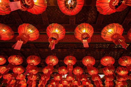 Bangkok, Thailand - December, 20, 2021 : Red Lanterns with chinese text mean "Good Luck" in Wat Leng Nei Yee 2 Temple at Nonthaburi, Thailand ,のeditorial素材