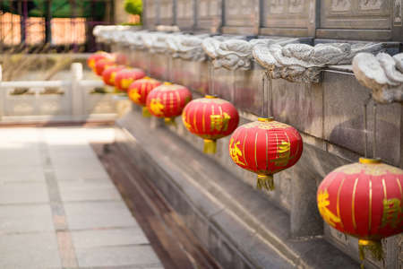 Bangkok, Thailand - December, 20, 2021 : Red Lanterns with chinese text mean "Good Luck" in Wat Leng Nei Yee 2 Temple at Bangkok, Thailand.のeditorial素材