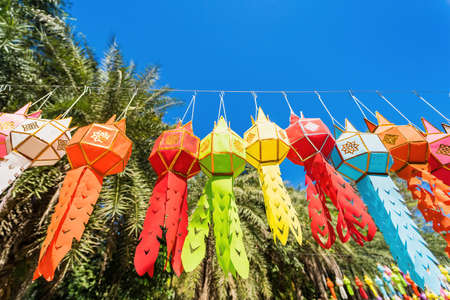 Nakhon Nayok, Thailand - January, 01, 2022 : Colorful hanging lanterns lighting In the Chulaphon Temple in Nakhon Nayok, Thailandのeditorial素材