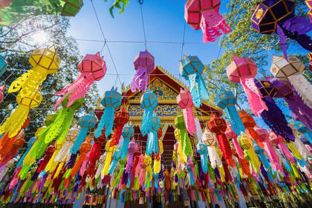 Nakhon Nayok, Thailand - January, 01, 2022 : Colorful hanging lanterns lighting In the Chulaphon Temple in Nakhon Nayok, Thailandのeditorial素材