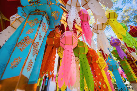 Nakhon Nayok, Thailand - January, 01, 2022 : Colorful hanging lanterns lighting In the Chulaphon Temple in Nakhon Nayok, Thailandのeditorial素材