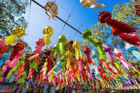 Nakhon Nayok, Thailand - January, 01, 2022 : Colorful hanging lanterns lighting In the Chulaphon Temple in Nakhon Nayok, Thailandのeditorial素材