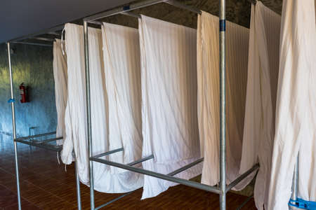 Bed sheets dry on hanging from clothesline